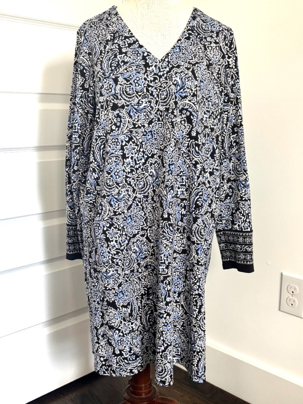 J. Jill Black and Light Blue Paisley V-Neck Dress